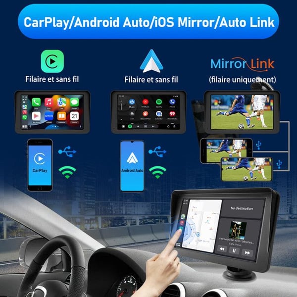 AWESAFE Bil Carplay Trådlös, Android Auto Trådlös, Airplay, med 7 tum HD Pekskärm, PhoneLink Fjärrkontroll