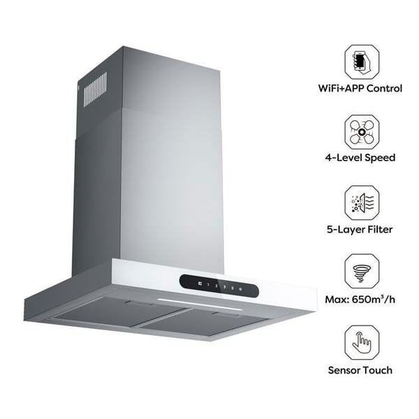 CIARRA Connected Hood 60cm Flash Touch Panel 650m3/h 4 Speeds Booster 2st Kolfilter Klassificerat A+++ Vitt glas och rostfritt stål
