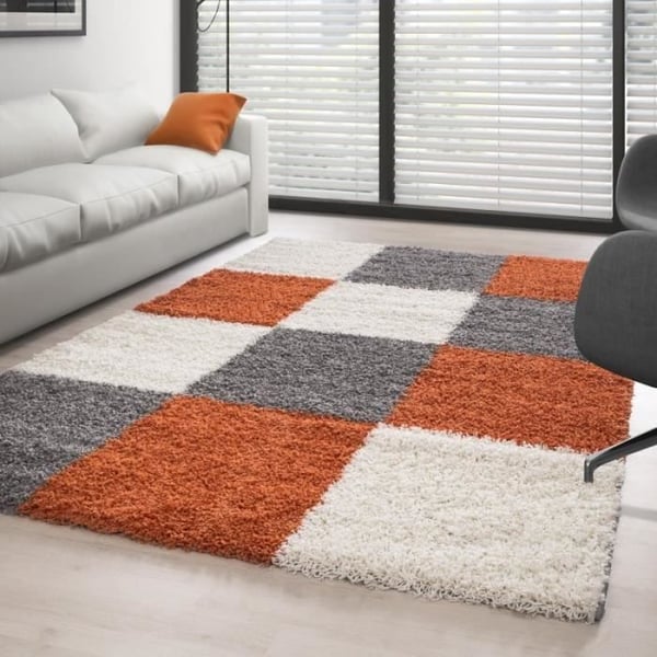 Matta - TERRAKOTTA - Shaggy - 80x150 cm - Rutor - 30 mm hög pile