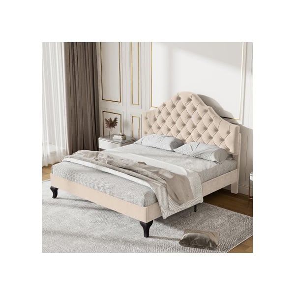Täckta sängar - MUVOE - 140x190 cm - Beige sammet - Justerbar huvudgavel - Lattsäng