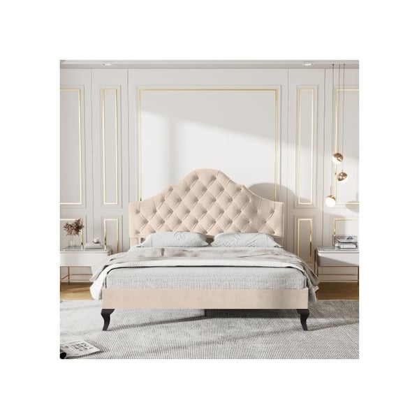 Polstret seng - MUVOE - 140x190 cm - Beige velour - Justerbar hovedgærde - Lamelseng