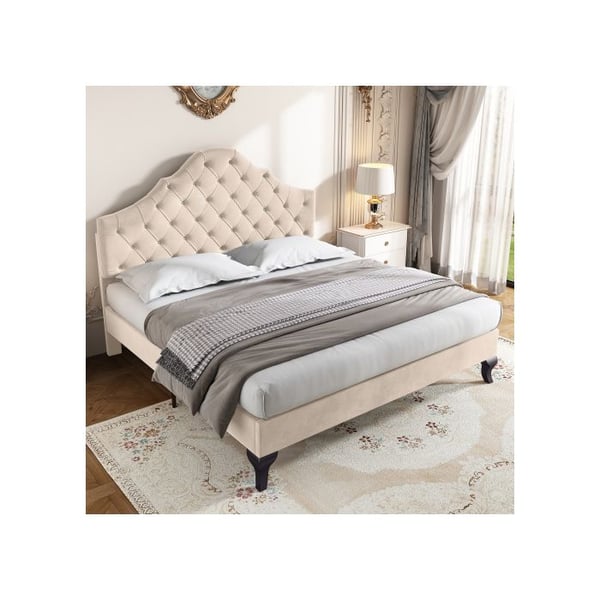 Polstret seng - MUVOE - 140x190 cm - Beige velour - Justerbar hovedgærde - Lamelseng