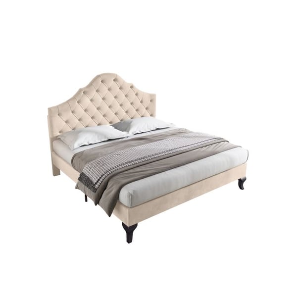Polstret seng - MUVOE - 140x190 cm - Beige velour - Justerbar hovedgærde - Lamelseng