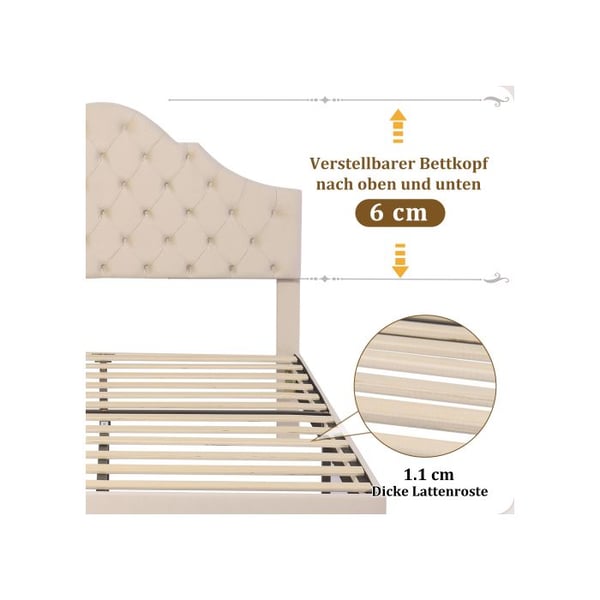 Polstret seng - MUVOE - 140x190 cm - Beige velour - Justerbar hovedgærde - Lamelseng