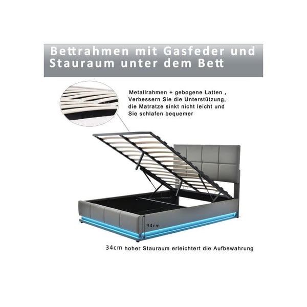 Seng 140x200 cm - MUVOE - Polstret - LED-belysning - Hydraulisk opbevaring - Grå