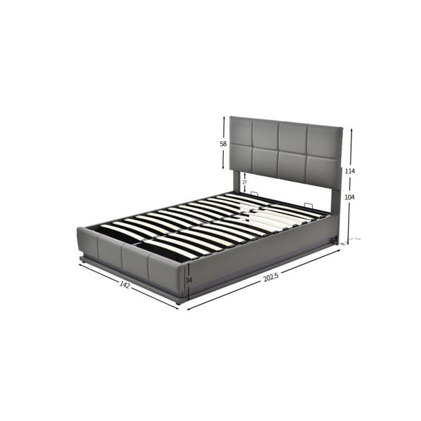Seng 140x200 cm - MUVOE - Polstret - LED-belysning - Hydraulisk opbevaring - Grå