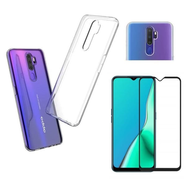Coque för OPPO RENO A9 2020 + Härdat glas Svart kant - Skydd i mjukt silikon tunt film glas skydd för skärmen Phonillico®