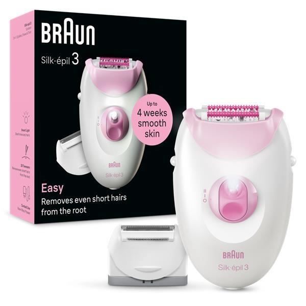 Epilator - BRAUN - Silk Epil 3 - 2 hastigheder - Barberskærehoved - Medfølgende tilbehør - LED-belysning