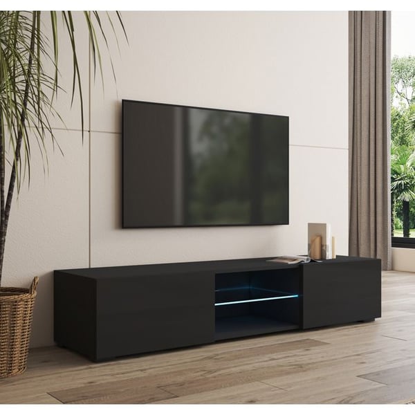 DESIGN AMEUBLEMENT - Modern TV-möbel - Blank & matt svart - Blå LED - 2 dörrar - Med ben - 160x38,5x32 cm