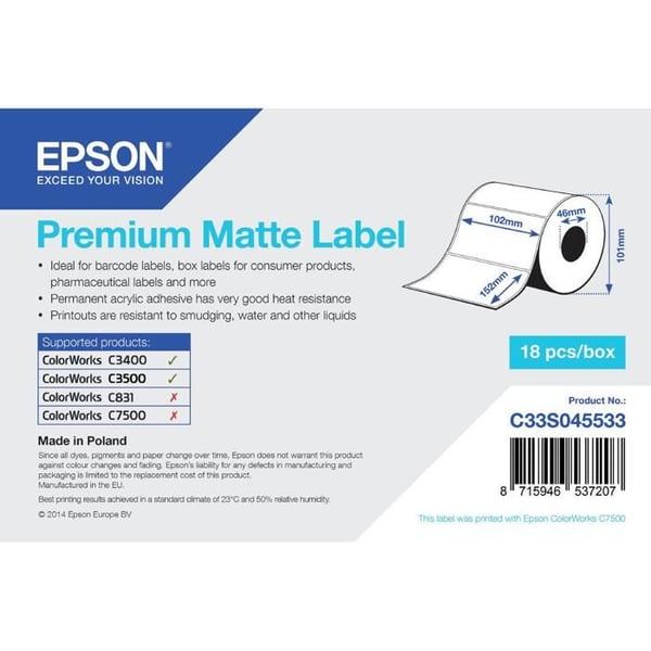 Etiketter - EPSON - C33S045533 - 102mm x 152mm - Paket om 225 - Vit