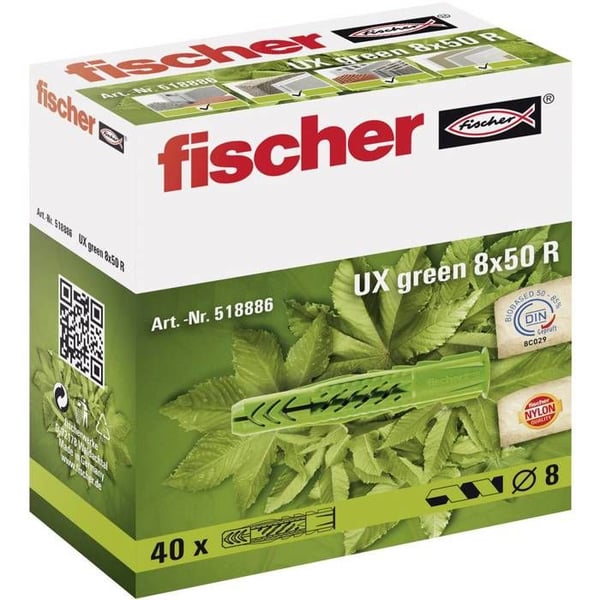 Universella plugg - FISCHER - UX Green - 6 mm x 35 mm - 40 stycken - Förnyelsebara material