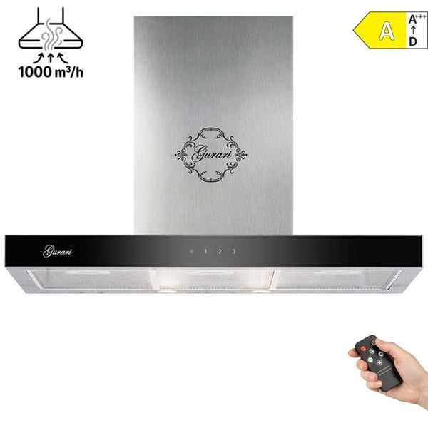 Gurari 462 IS Prime 90 cm köksfläkt i rostfritt stål, 1000 m³/h, 3 nivåer, TouchControl, fjärrkontroll, väggmonterad fläkt