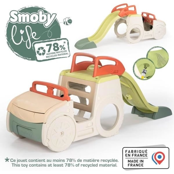 SMOBY Life - Äventyrsbil med rutschkana - 3 aktiviteter - Rutschkana, Sandlåda, Förarstation - Återvunnet material - Från 18 månader
