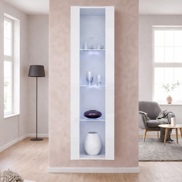 Väggmonterad LED-vitrin | 40 x 170 x 29 cm | Vit blank finish | 4 fack 4 vitriner | Förvaring | NORA V5