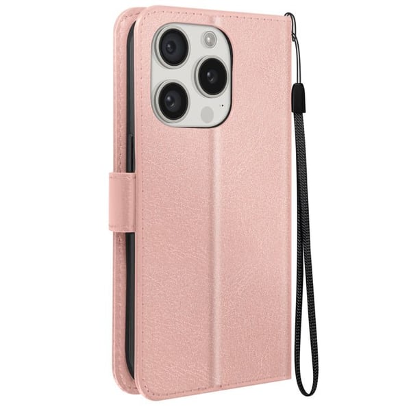 Fodral för iPhone 15 Pro Plånboksställ Funktion med handledsrem Mayaxess Rosa Champagne