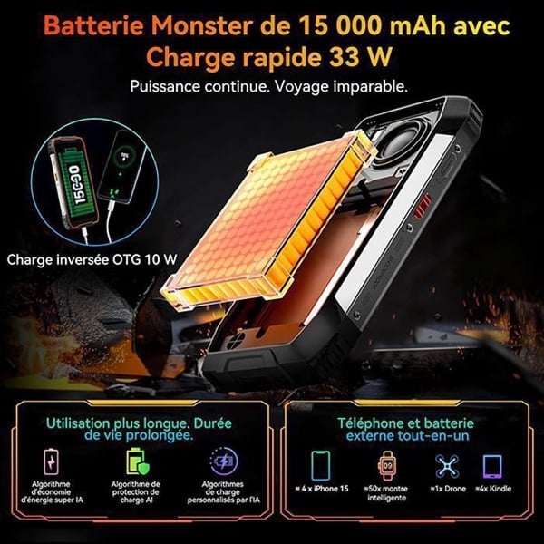 Robust Smartphone OSCAL PILOT 1 Oförstörbar Mobiltelefon, Skärm 6.67", 18Go+256Go(2To TF), 15000mAh 50MP+32MP, IP68/IP69K, NFC, GPS