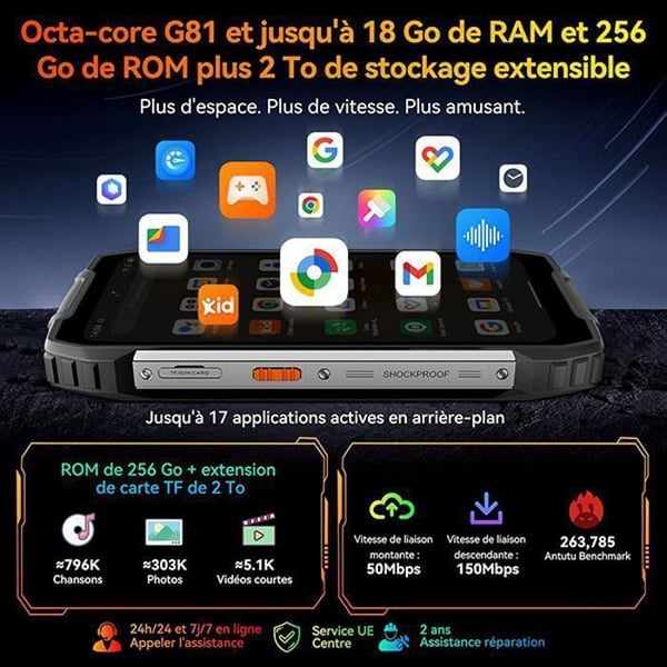 Robust Smartphone OSCAL PILOT 1 Oförstörbar Mobiltelefon, Skärm 6.67", 18Go+256Go(2To TF), 15000mAh 50MP+32MP, IP68/IP69K, NFC, GPS