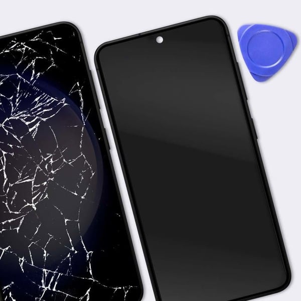 Fullständig OLED-skärm för utbyte till Galaxy S23 med grått chassi