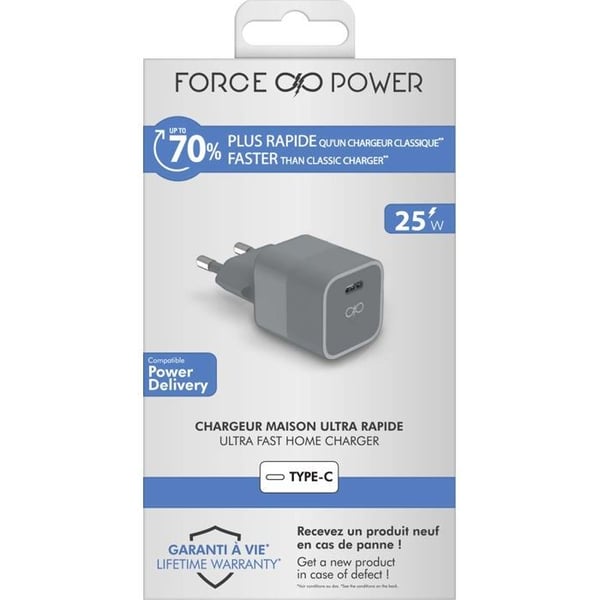 Hemladdare 25W Power Delivery Livstidsgaranti Grå - 100 % återvunnen plast Force Power