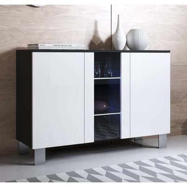 DESIGN AMEUBLEMENT - Modernt lågt skåp - 3 dörrar, blå LED, svart/vitt - Aluminiumben - 120x82x40 cm