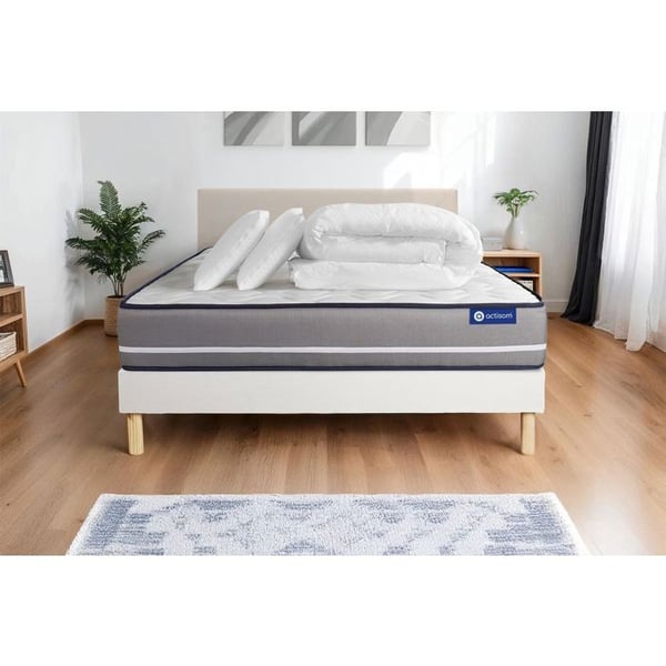 Komplett sängpaket 180x200 cm - Madrass + Sängbotten Vit (i kit) + 2 kuddar + Täcke - Actimemo Pu