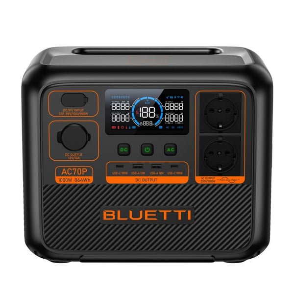 BLUETTI AC70P Bærbar Strømgenerator - Batteri 864Wh, 2x1000W (2000W Max.), Forbedret AC70/EB70