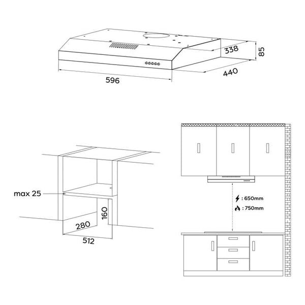 CIARRA Visirhuva 60 cm Klass A+ med kolfilter 3 hastigheter 220m³/h Återvinning och evakuering - Inbyggd huva - Svart