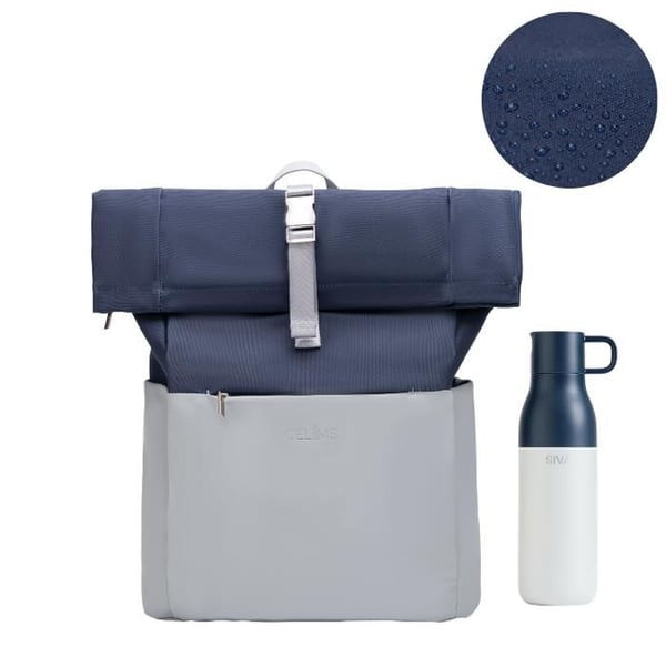 Roll-Top CELIMS Ryggsäck | Handbagage 40x30x20cm | Vattentät & Ultra-Motståndskraftig | Vattenflaska Ingår | Blå