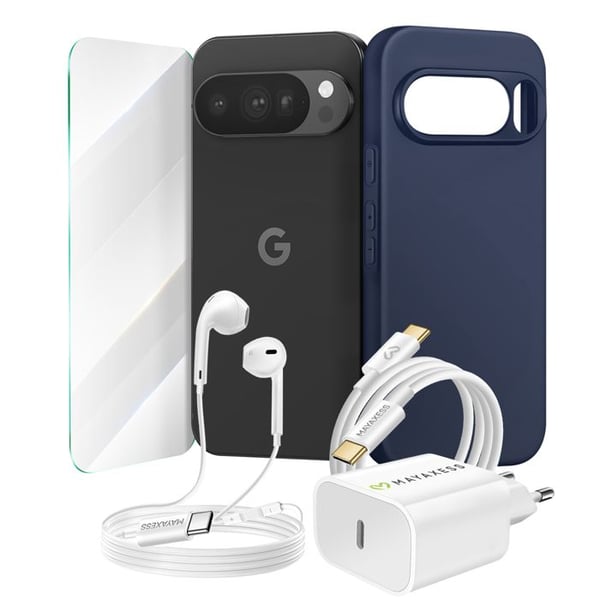 Nödvändig paket för Pixel 10 Pro Fodral, Glas, Laddare, hörlurar (5 delar) Mayaxess Marinblå