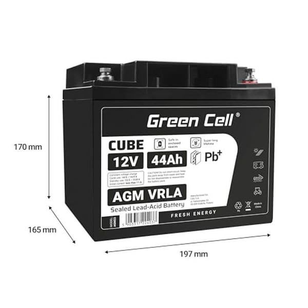 Batteri - Green Cell - 12V 44Ah - VRLA AGM - Genopladelig - Dimensioner 246x165x28mm