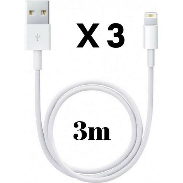 Lot 3 Kablar 3 Meter Vit för iPhone 11, 11 PRO, 11 PRO MAX, X, XS, XS MAX, XR, 8, 8 PLUS, 7, 7 PLUS, 6, 6 PLUS, 5, 5S, SE[Phonillico®]