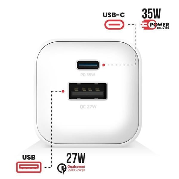 USB C laddare - SWISSTEN - 35W - Quick Charge 4.0 - Dubbel utgång - Integrerad säkerhet