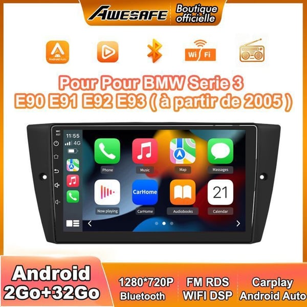 AWESAFE Autoradio Android 13 för BMW Series 3 E90 E91 E92 E93 2Go+32Go med Carplay GPS WiFi USB SD Bluetooth Android Auto