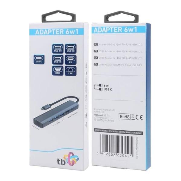 Ljud- och videoadapter Tb print - AKTBXVA6W1U3HRJ - HUB USB-adapter HUB USB C 6 i 1 - HDMI, USB x3, PD, RJ-45