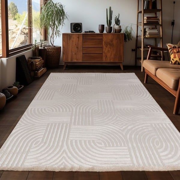 Vardagsrumsmatta - AYYILDIZ - Reliefplattor - Beige - 140x200 cm - Mjuk Vardagsrumsmatta - AYYILDIZ - Reliefplattor - Beige - 140x200 cm - Mjuk