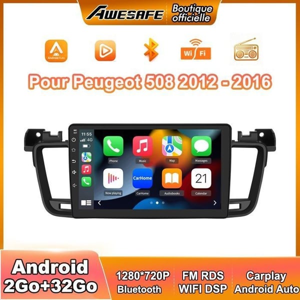 AWESAFE Autoradio Android 13 för Peugeot 508 2012-2016 2Go+32Go med 9 Tum Pekskärm Carplay Android Auto GPS Wi-FI