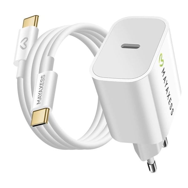 Laddare 20W - MAYAXESS - USB-C-kabel 1m - Kompatibel med iPhone 17 - Snabbladdning - Vit