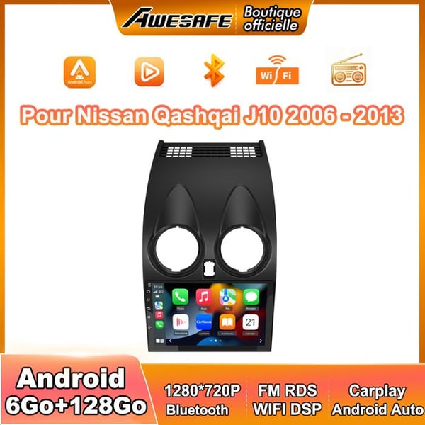 AWESAFE Autoradio Android 13 för Nissan Qashqai J10 (2006-2013) 6Go+128Go 9'' pekskärm Carplay GPS WiFi Bluetooth Android Auto