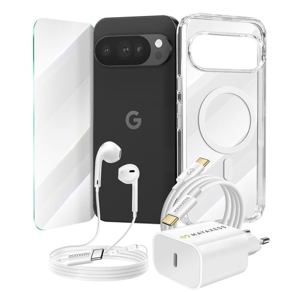 Essentiellt paket för Pixel 10 Pro Fodral, Glas, Laddare, hörlurar (5 delar) Mayaxess Transparent