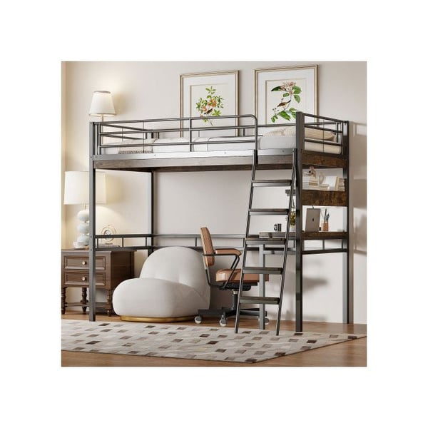 Lys mezzanin - MUVOE - 90x200cm - Sort - Indbygget skrivebord - Opbevaringshylder