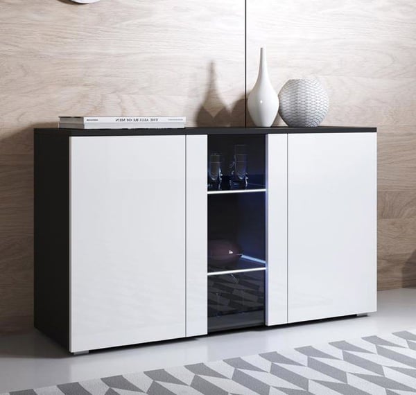 DESIGN AMEUBLEMENT - Modern låg skänk 3 dörrar LED Svart och vit - 120x72x40 cm