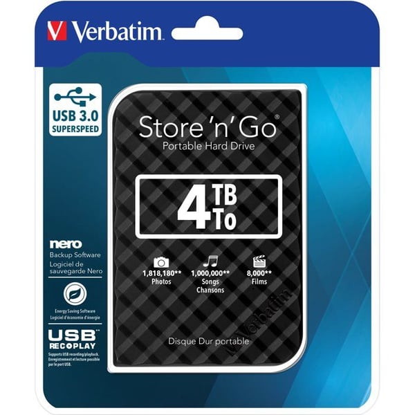 Ekstern harddisk - Verbatim - Store'N'Go - 2.5" - 4 To - USB 3.0 - Sort