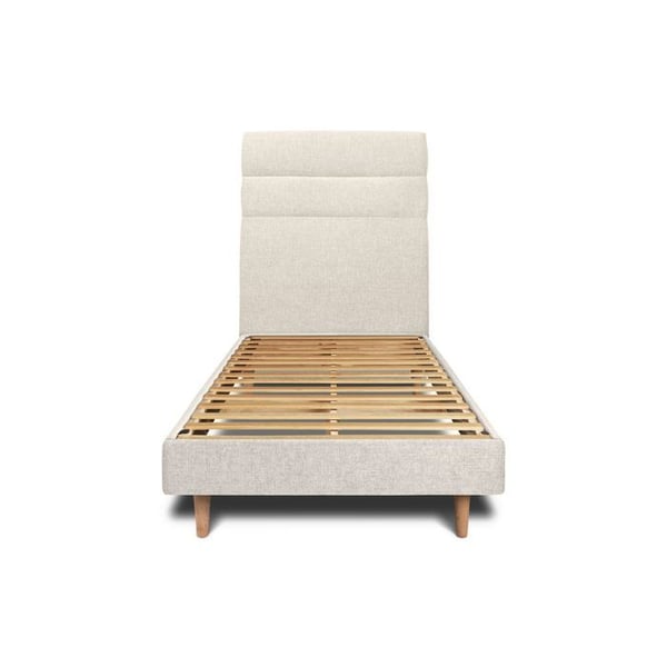 Säng 90x200cm - Beige - Huvudgavel tyglinjer - Sängbotten med ribbor - Massivt trä