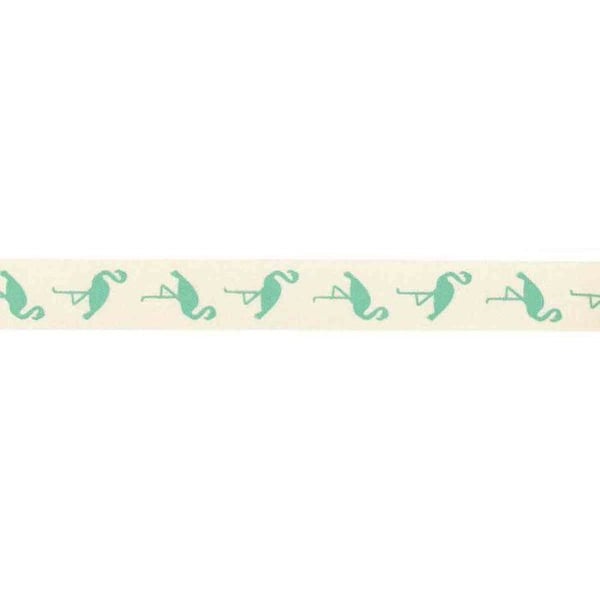 MégaCréa DIY - Tryckt bomullsbands Flamingo grön 1,5 cm 2 m