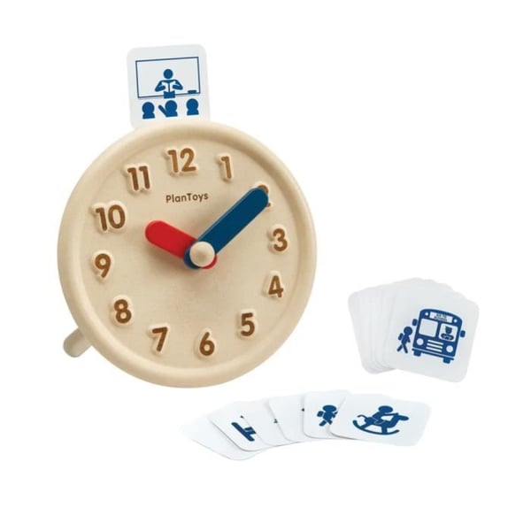 Träleksak - PLAN TOYS - Rektangulär - Klocka 12 h - Aktivitetskort - Dag/Natt