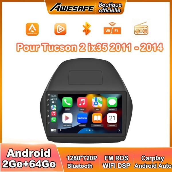 AWESAFE Autoradio Android 13 för Tucson 2 ix35 (2011-2014) 2Go+64Go 9'' Pekskärm Carplay Android Auto GPS WiFi FM