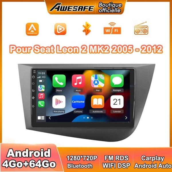 AWESAFE Android 13 bilradio för Seat Leon 2 MK2 (2005-2012) 4Go+64Go 9'' pekskärm med Carplay GPS Bluetooth Android Auto