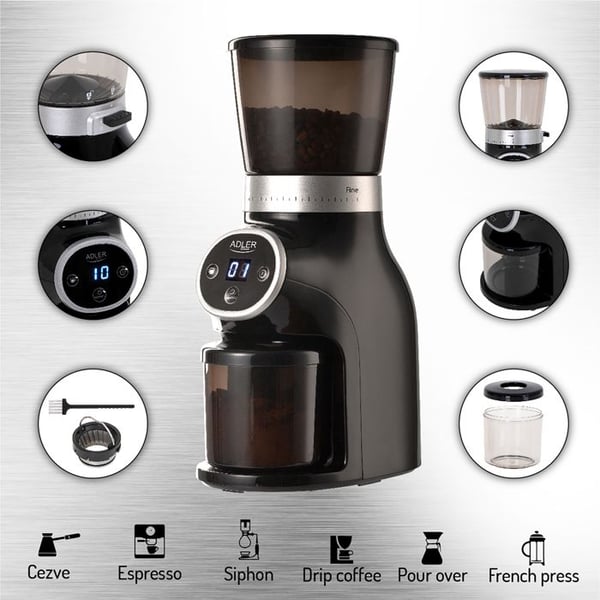 Professionell Kaffekvarn, Stålmalningar, 31 Malinställningar, Kaffe 90g/m Adler AD4450 300W Svart
