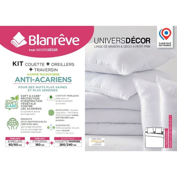 Pack Duvet Blanrêve 260 x 240 cm + 2 Kuddar 60 x 60 + Pölse 160 Serie "Mjukhet" behandlad mot Dammt mites - Vit -