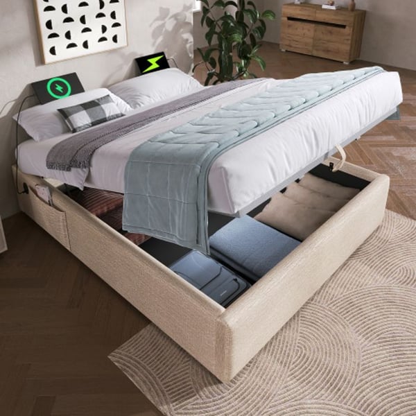 Dubbel säng 140x200 cm - MUVOE - Ram med USB-C - Massivträ - Bäddmadrass med ribbor - Contemporary design